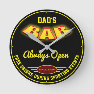 Dad's Bar Yellow Neon Effect Any Free Drinks Funny Round Clock