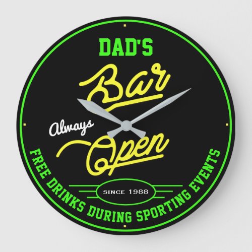 Dads Bar Yellow Neon Effect Sporting Events Funny Large Clock