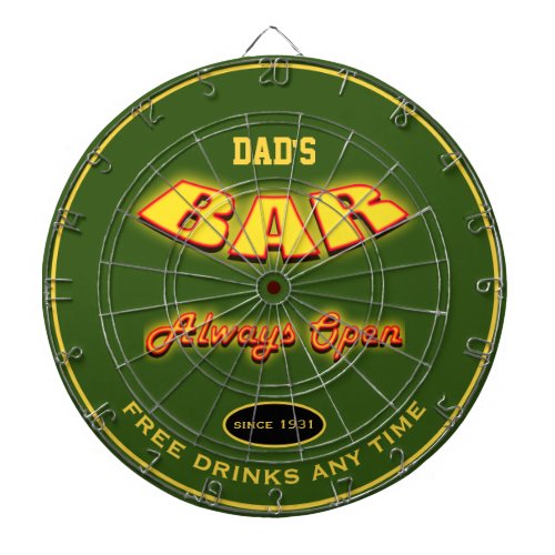 Dads Bar Yellow Red Neon Effect Any Name Green Dart Board