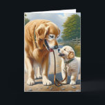 Dad's Birthday Golden Retrievers Card<br><div class="desc">A large golden retriever on a leash is gazing down at a smaller puppy looking up for dad's birthday.</div>