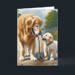 Dad's Birthday Golden Retrievers Card<br><div class="desc">A large golden retriever on a leash is gazing down at a smaller puppy looking up for dad's birthday.</div>