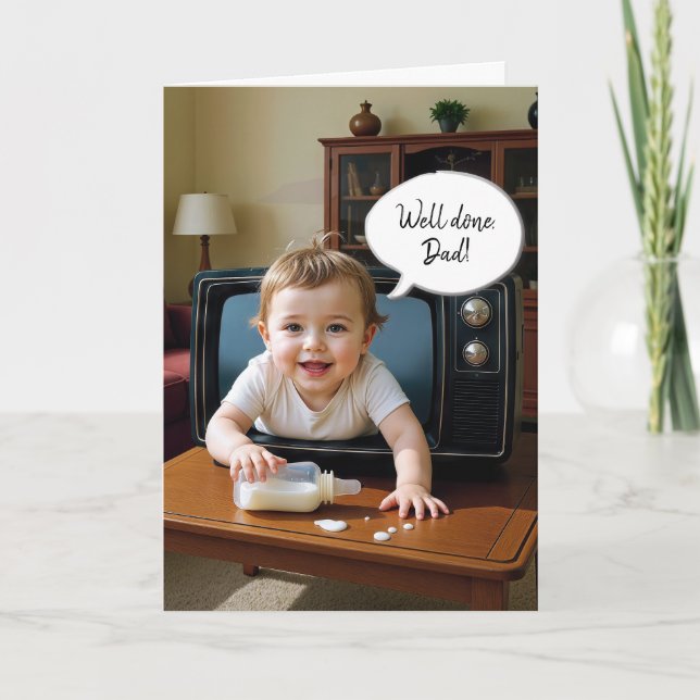 Dad's Birthday With Baby Crawling Out of TV Set Card (Front)