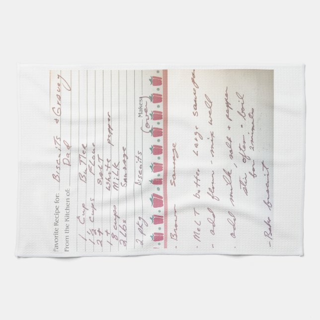 Dad's Biscuit and Gravy Recipe in his own handwrit Kitchen Towel (Horizontal)