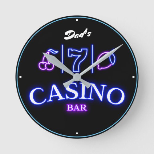 Dads Casino Bar Neon Look Slots on Black Round Clock