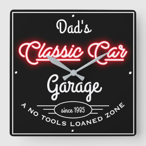 Dads Classic Car Garage Red Faux Neon White Text  Square Wall Clock