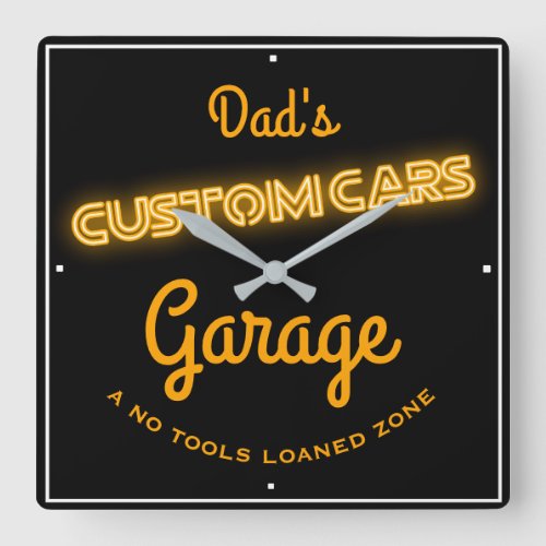 Dads Custom Cars Garage Gold Faux Neon Funny Square Wall Clock