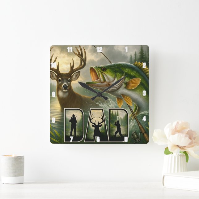 Dad's Deer Hunting Fishing Wildlife Square Wall Clock (Home)