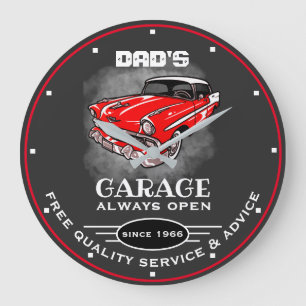 Dad's Garage Any Name Always Open Red Car Gray Large Clock