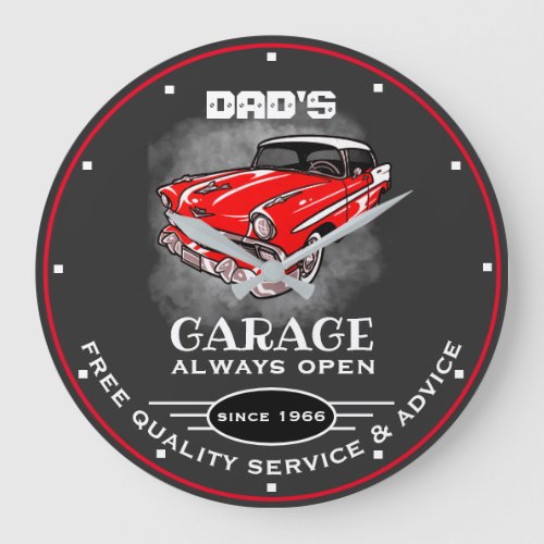 Dads Garage Any Name Always Open Red Car Gray Large Clock