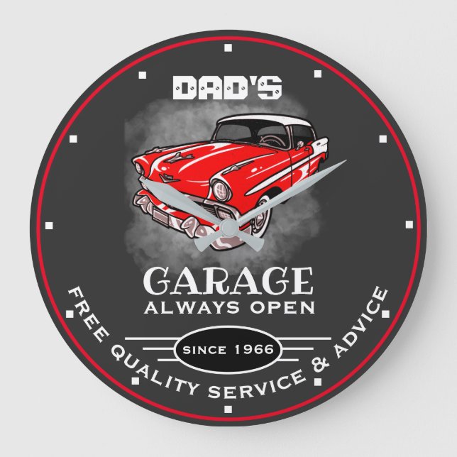 Dad's Garage Any Name Always Open Red Car Gray Large Clock (Front)