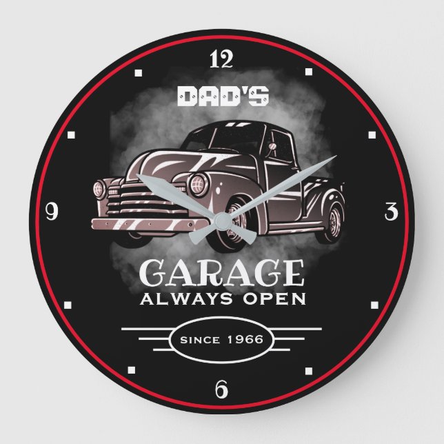 Dad's Garage Any Name Always Open Slogan Black  Large Clock (Front)