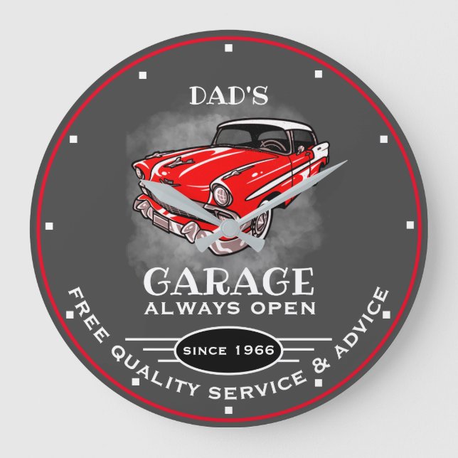 Dad's Garage Any Name Always Open Slogan Car Grey Large Clock (Front)