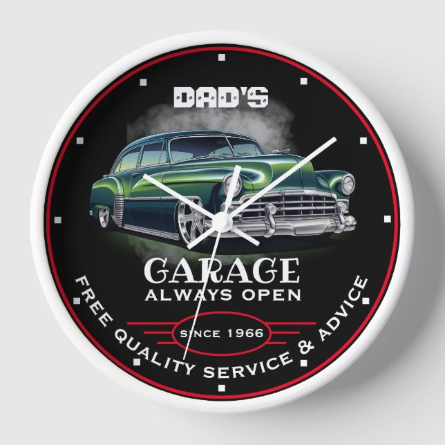 Dad's Garage Any Name Always Open Slogan Green Car Clock (Front)