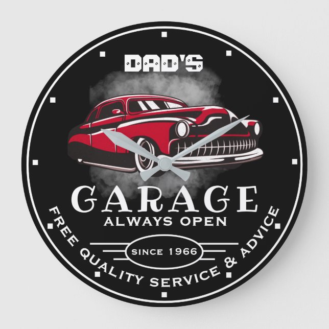 Dad's Garage Any Name Always Open Slogan Low Car Large Clock (Front)