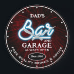 Dad's Garage Bar Any Name Always Open Slogan Large Clock<br><div class="desc">Dad's garage and bar or any name with classic faux neon bar digital graphic on a black background. Just use the "personalize this template" option to change the text. Always open and quality drinks and advice typography with any date. Just choose the hand color and size.</div>