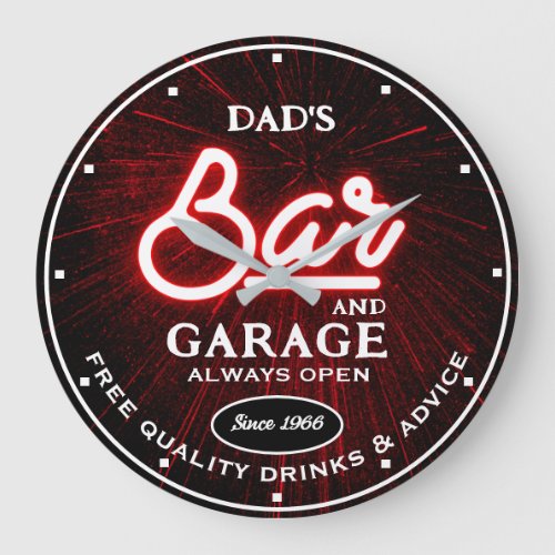 Dads Garage Bar Any Name Always Open Slogan Red Large Clock