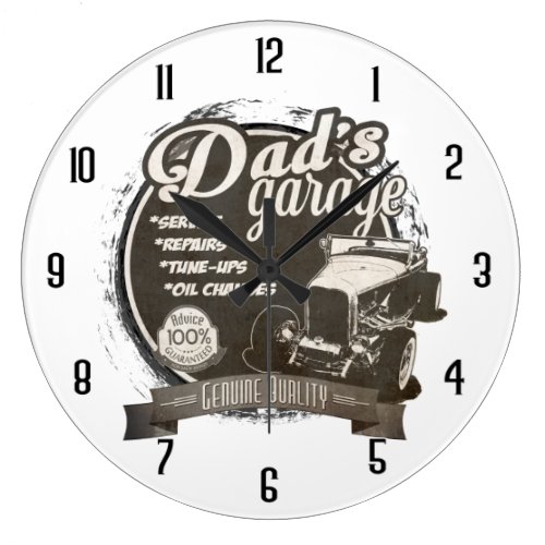 Dad's Garage Black and White Large Clock