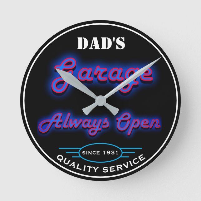 Dad's Garage Blue Faux Neon Any Date Any Name - Round Clock (Front)