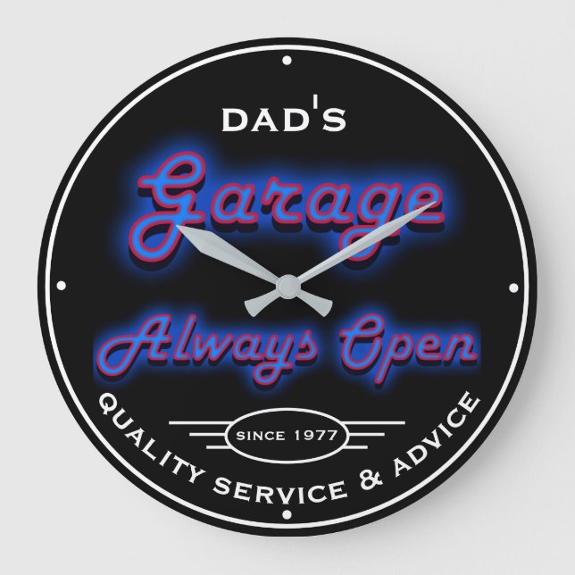 Dad's Garage Blue Neon Look for Any Date and Name  Large Clock (Front)