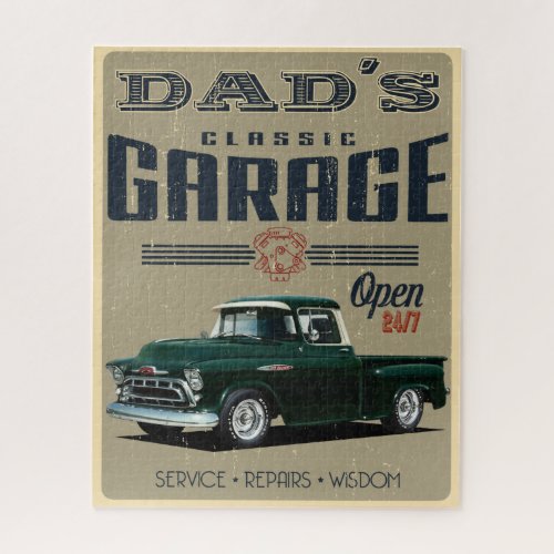 Dads Garage Classic Green Pickup Truck Jigsaw Puzzle