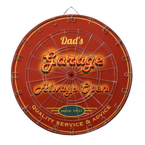 Dads Garage Faux Neon Look Name Dark Orange Red   Dart Board