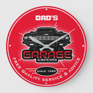 Dad's Garage For Any Name Red Black White Large Clock