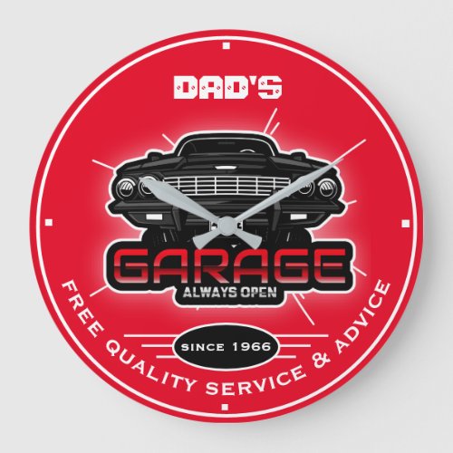 Dads Garage For Any Name Red Black White Large Clock