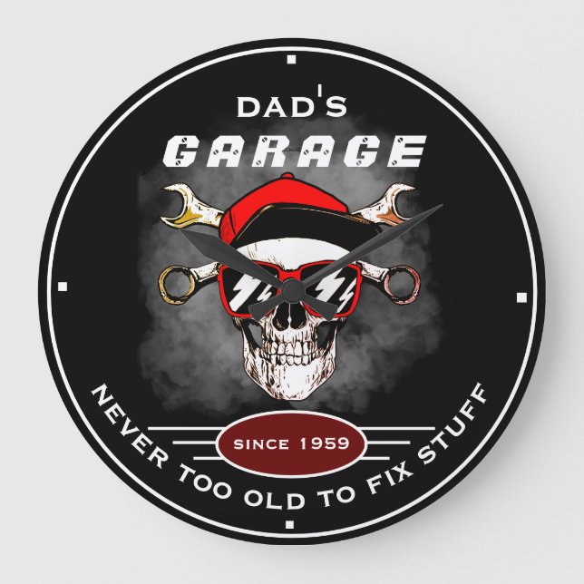 Dad's Garage Never Too Old Skull Tools Black Funny Large Clock (Front)