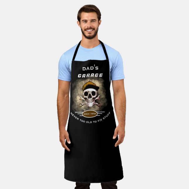 Dad's Garage Never Too Old Skull Wrenches Black Apron (Worn)