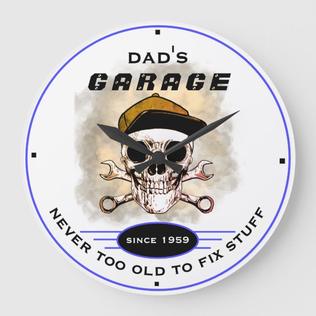 Dad's Garage Never Too Old Skull Wrenches Blue Large Clock (Front)