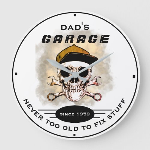 Dads Garage Never Too Old Skull Wrenches White Bl Large Clock