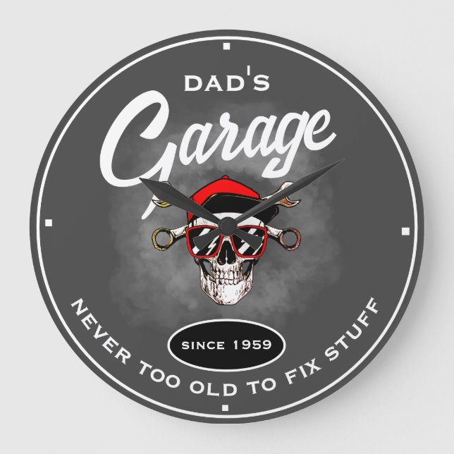 Dad's Garage Old Skull Tools Grey Funny Slogan Large Clock (Front)