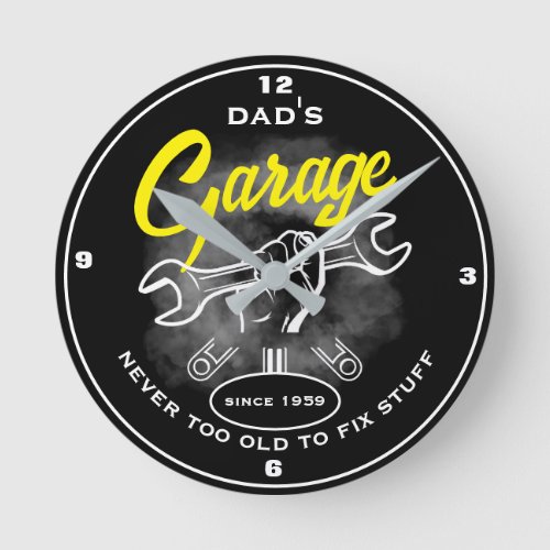 Dads Garage Old Tools Black Funny Slogan Handyman Round Clock