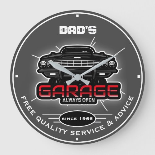 Dads Garage or Any Name Always Open Gray Large Clock