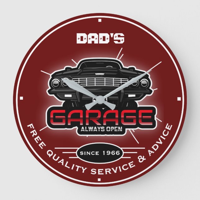 Dad's Garage or Any Name Always Open Red Large Clock (Front)