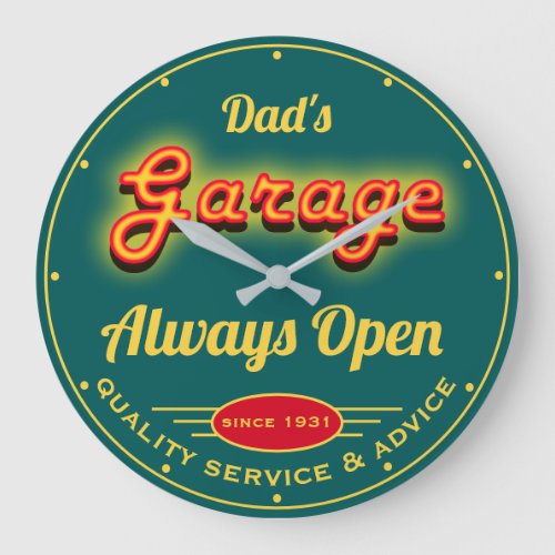 Dads Garage Red Yellow Neon Effect Date Name Teal Large Clock