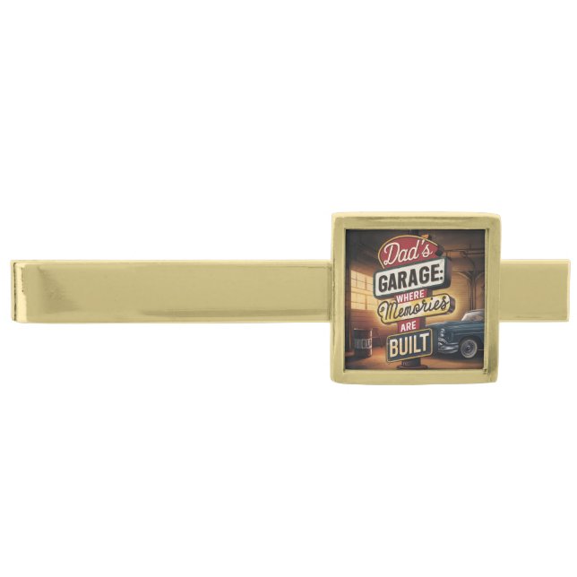 Dad's Garage Retro Vintage Automotive Sign Gold Finish Tie Bar (Front)