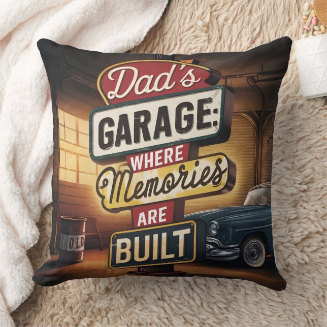 Dad's Garage Retro Vintage Automotive Sign Throw Pillow (Blanket)