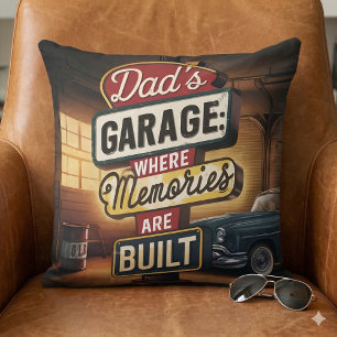 Dad's Garage Retro Vintage Automotive Sign Throw Pillow