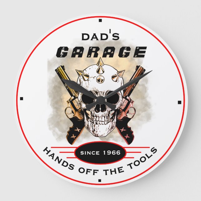 Dad's Garage Tools Warning Guns Skull Funny Large Clock (Front)