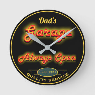 Dad's Garage Yellow Neon Look Any Date Any Name  Round Clock