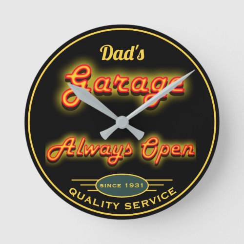 Dads Garage Yellow Neon Look Any Date Any Name  Round Clock