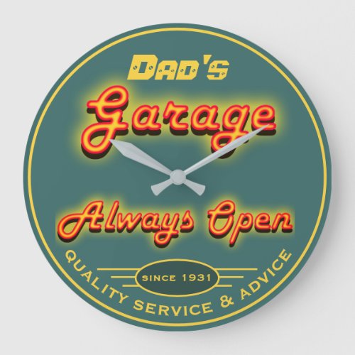 Dads Garage Yellow  Teal Neon Look Any Name _ Large Clock