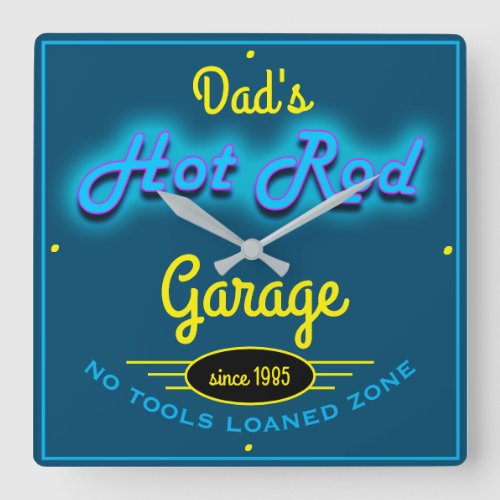 Dads Hot Rod Garage Blue Faux Neon Look  Yellow Square Wall Clock