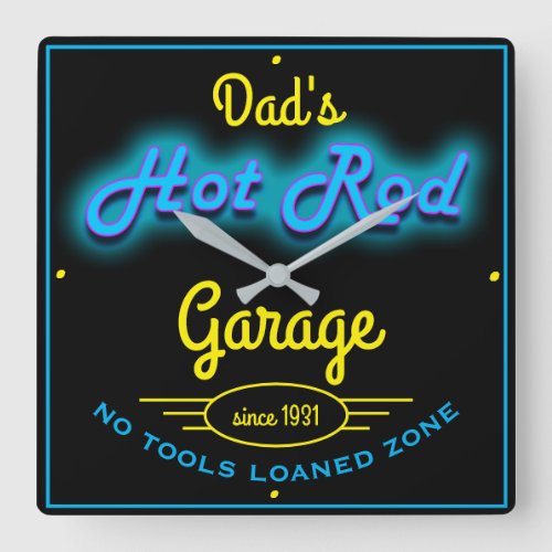 Dads Hot Rod Garage Blue Yellow Faux Neon Effect Square Wall Clock