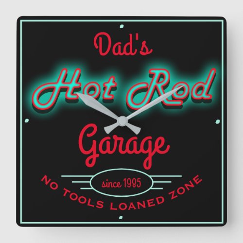 Dads Hot Rod Garage Red and Teal Faux Neon Look Square Wall Clock