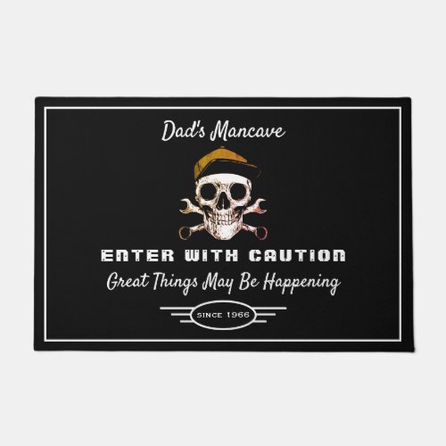 Dads Mancave Any Name Funny Slogan Skull Black Doormat