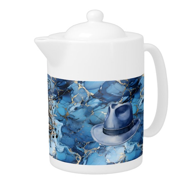 Dads Mood Music Blue Fedora Porcelain Teapot (Right)