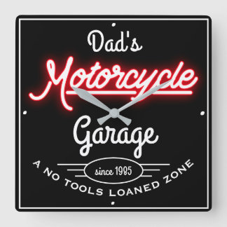 Dad's Motorcycle Garage Red Faux Neon Black  Square Wall Clock