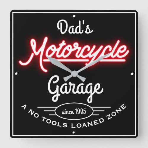 Dads Motorcycle Garage Red Faux Neon Black  Square Wall Clock